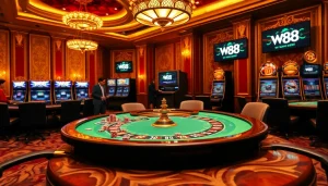 Players experiencing thrilling games at a glamorous W88 casino, featuring poker tables and vivid slot machines.