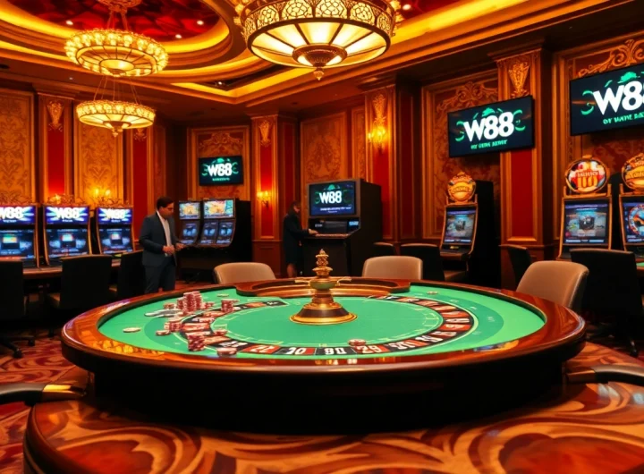 Players experiencing thrilling games at a glamorous W88 casino, featuring poker tables and vivid slot machines.