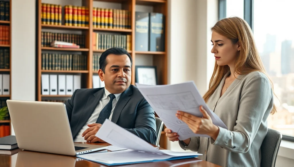 Engaging eminent domain lawyer discusses property rights with a client in a professional office setting.