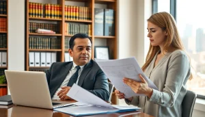 Engaging eminent domain lawyer discusses property rights with a client in a professional office setting.