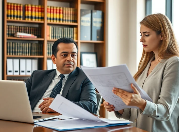 Engaging eminent domain lawyer discusses property rights with a client in a professional office setting.