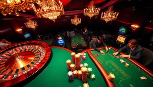 Exciting casino atmosphere with players at poker tables, featuring 'Nếu như vậy bám vào đây' theme.