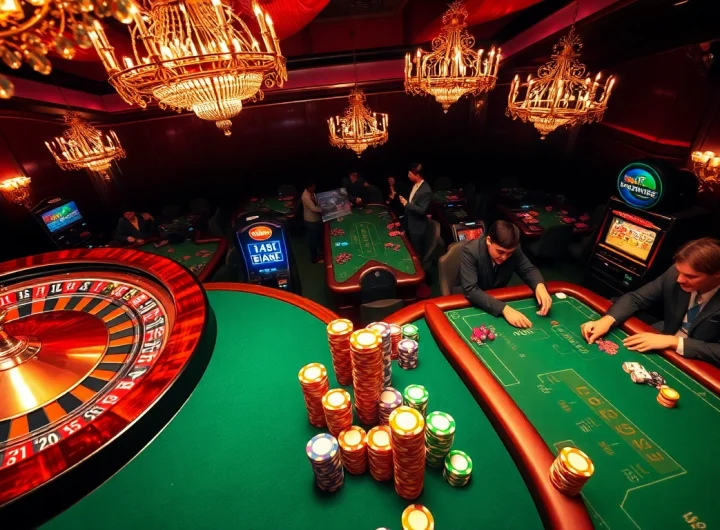 Exciting casino atmosphere with players at poker tables, featuring 'Nếu như vậy bám vào đây' theme.