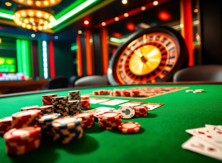 Engage in thrilling gameplay at vn88, featuring a luxurious casino table with cards and chips.