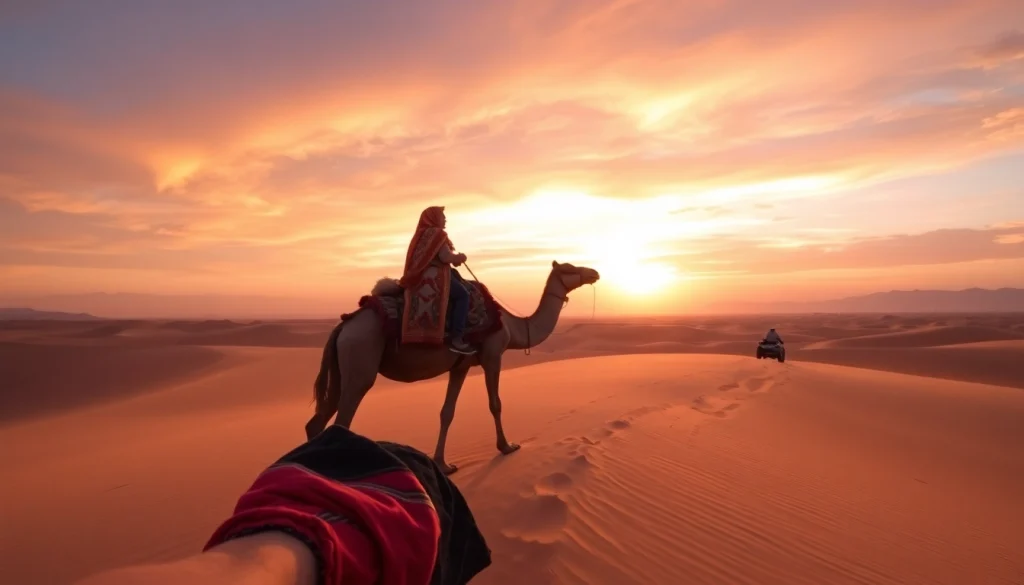 Marrakech camel ride and quad biking across stunning Agafay Desert at sunset.