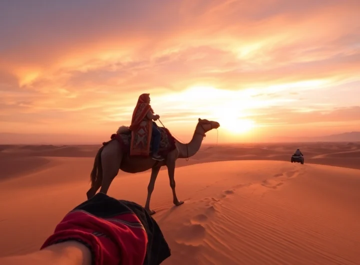 Marrakech camel ride and quad biking across stunning Agafay Desert at sunset.