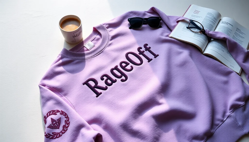 RageOff embroidered sweatshirt displayed stylishly with lifestyle props in a trendy flat-lay setting.