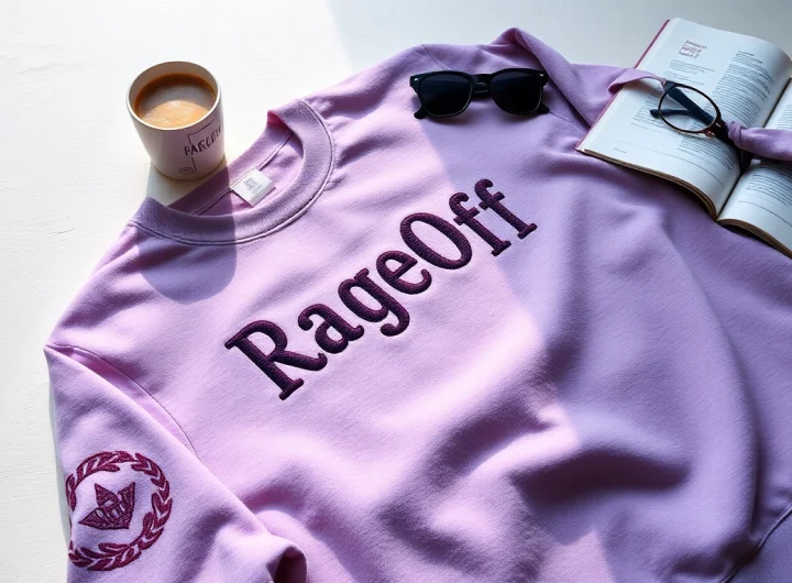 RageOff embroidered sweatshirt displayed stylishly with lifestyle props in a trendy flat-lay setting.