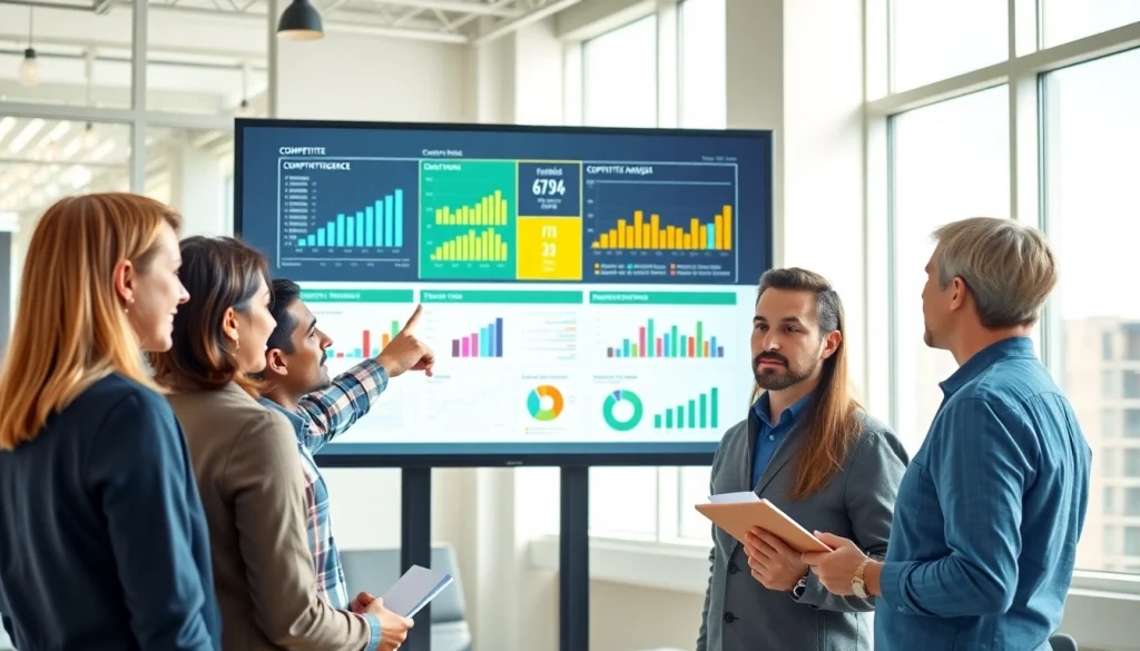 Engaged professionals reviewing competitive intelligence data in a bright office.