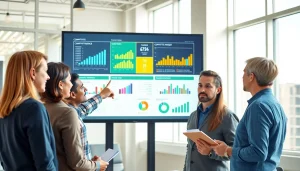 Engaged professionals reviewing competitive intelligence data in a bright office.