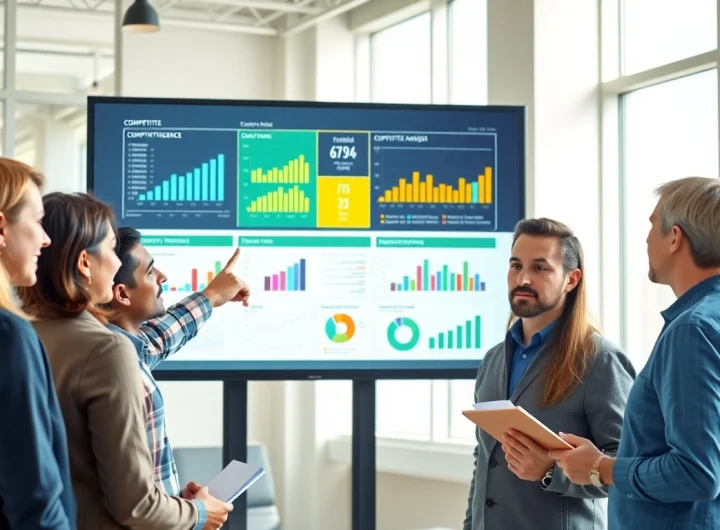 Engaged professionals reviewing competitive intelligence data in a bright office.