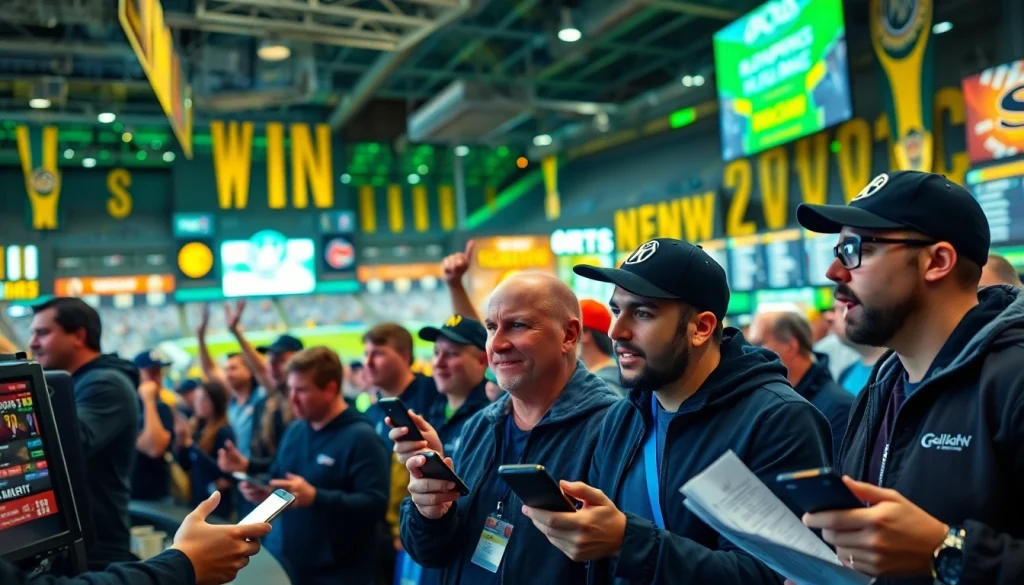 Engaged fans participating in sports betting South Carolina at a lively sports arena.