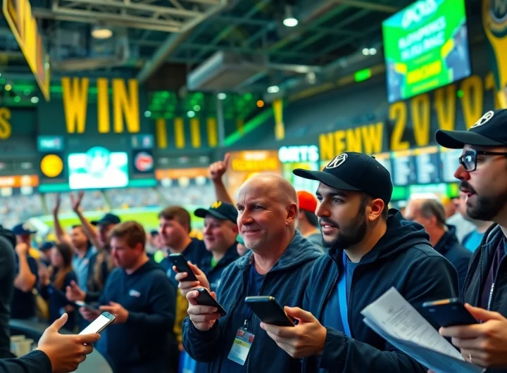 Engaged fans participating in sports betting South Carolina at a lively sports arena.