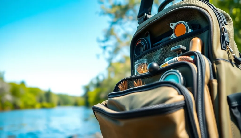 Fly fishing bag displayed with fishing gear by a serene river setting, highlighting its features.