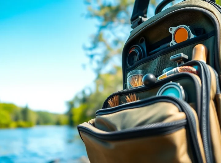 Fly fishing bag displayed with fishing gear by a serene river setting, highlighting its features.