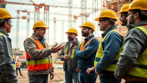 Construction safety training with workers learning proper safety protocols on-site.