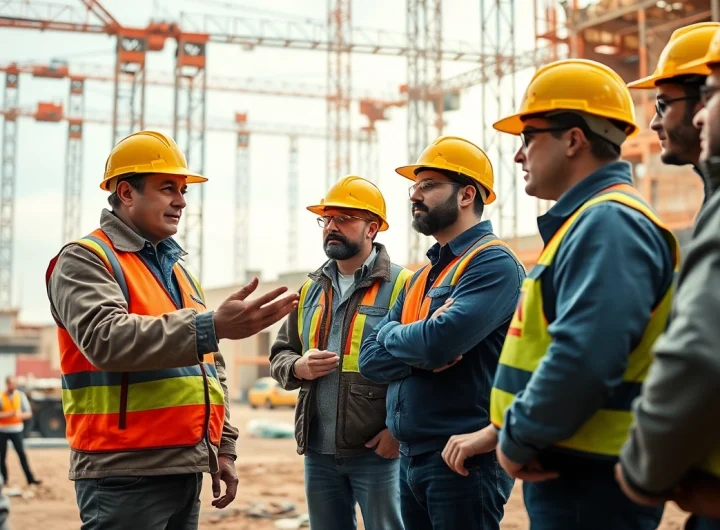 Construction safety training with workers learning proper safety protocols on-site.