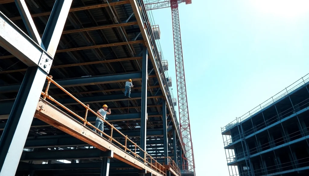 Workers engaging in structural steel construction at a busy site with metallic beams and scaffolding.