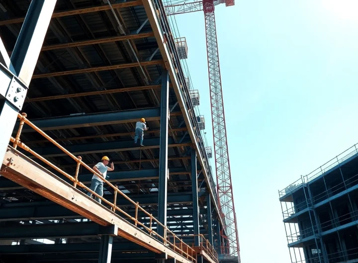 Workers engaging in structural steel construction at a busy site with metallic beams and scaffolding.