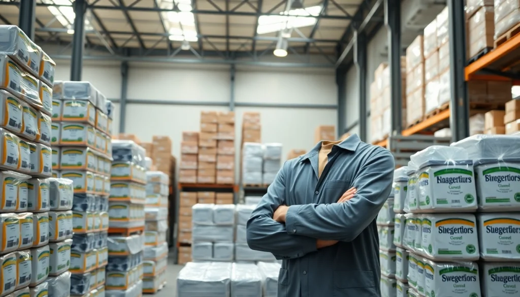 Fornecedor de adoçantes em um armazém moderno com produtos organizados e bem iluminados.