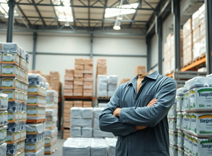 Fornecedor de adoçantes em um armazém moderno com produtos organizados e bem iluminados.