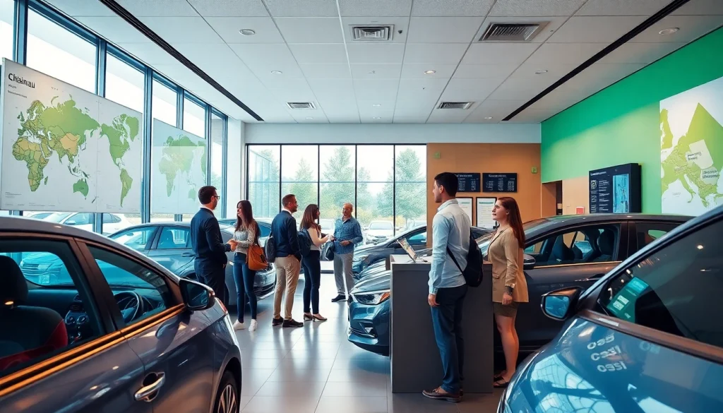 Rent a car Chisinau: Modern rental office scene with diverse travelers and vehicles.