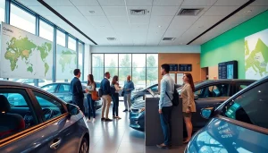 Rent a car Chisinau: Modern rental office scene with diverse travelers and vehicles.