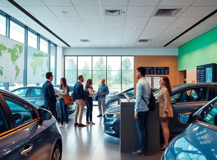 Rent a car Chisinau: Modern rental office scene with diverse travelers and vehicles.