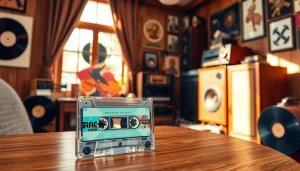 Admire an audio cassette amidst vintage music studio props highlighting nostalgia.