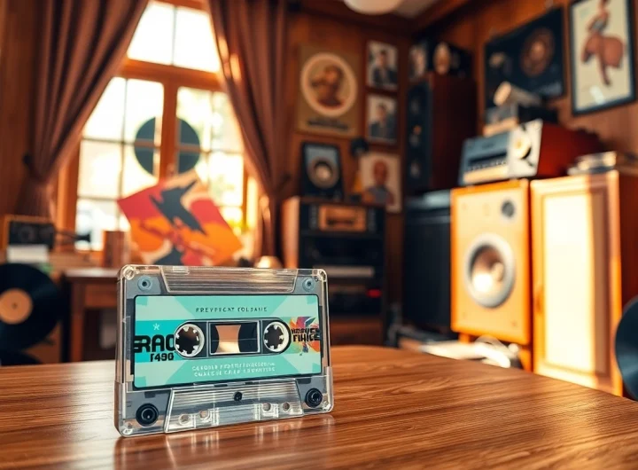 Admire an audio cassette amidst vintage music studio props highlighting nostalgia.
