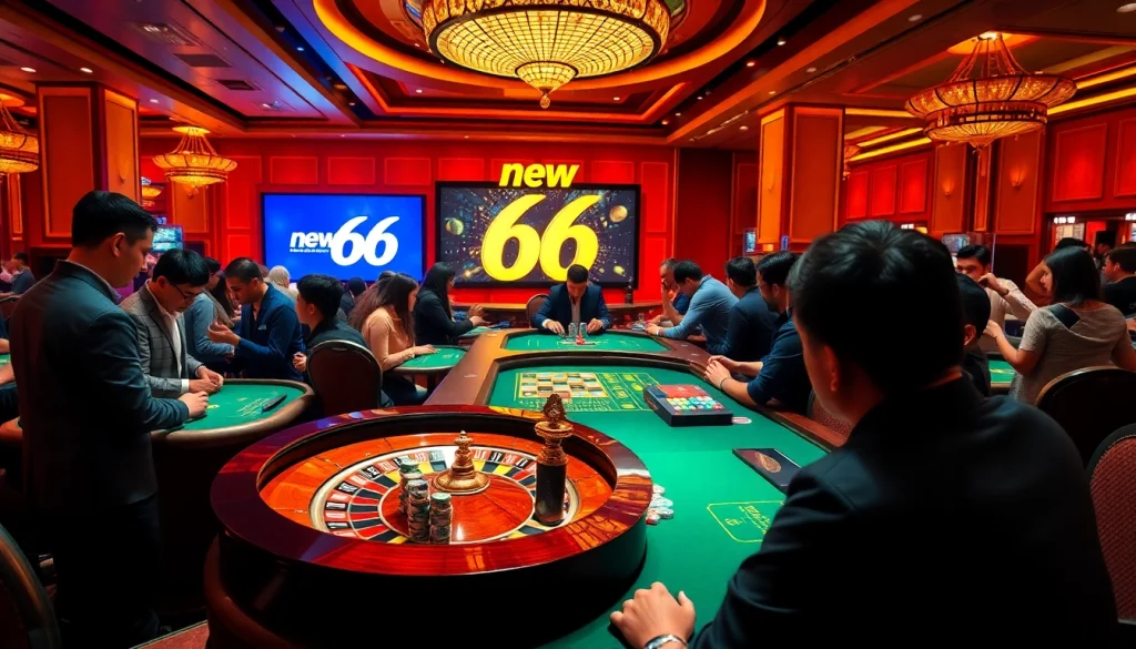 Experience the excitement of new 66 as gamblers engage with a vibrant casino atmosphere featuring roulette and poker.