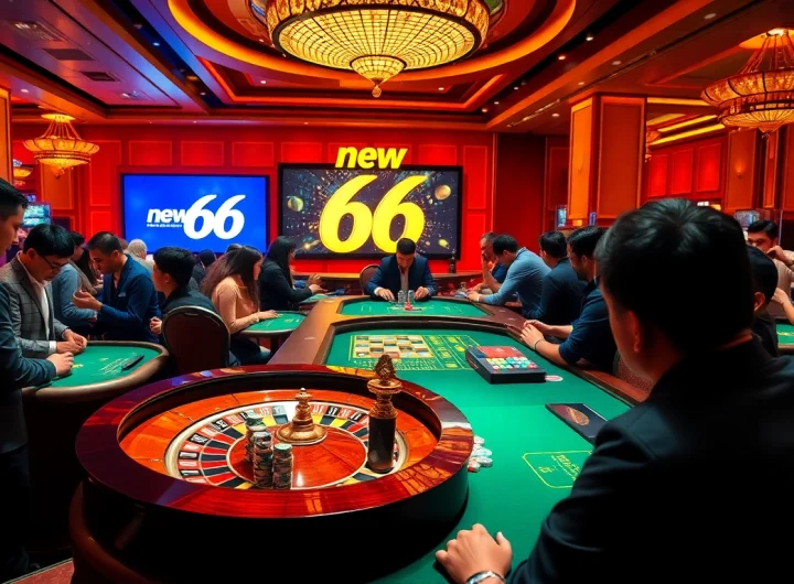 Experience the excitement of new 66 as gamblers engage with a vibrant casino atmosphere featuring roulette and poker.