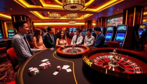 Players enjoying i9bet at a luxurious poker table with vibrant chips and cards.