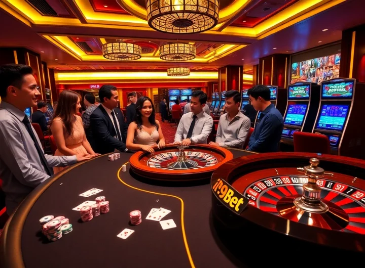 Players enjoying i9bet at a luxurious poker table with vibrant chips and cards.