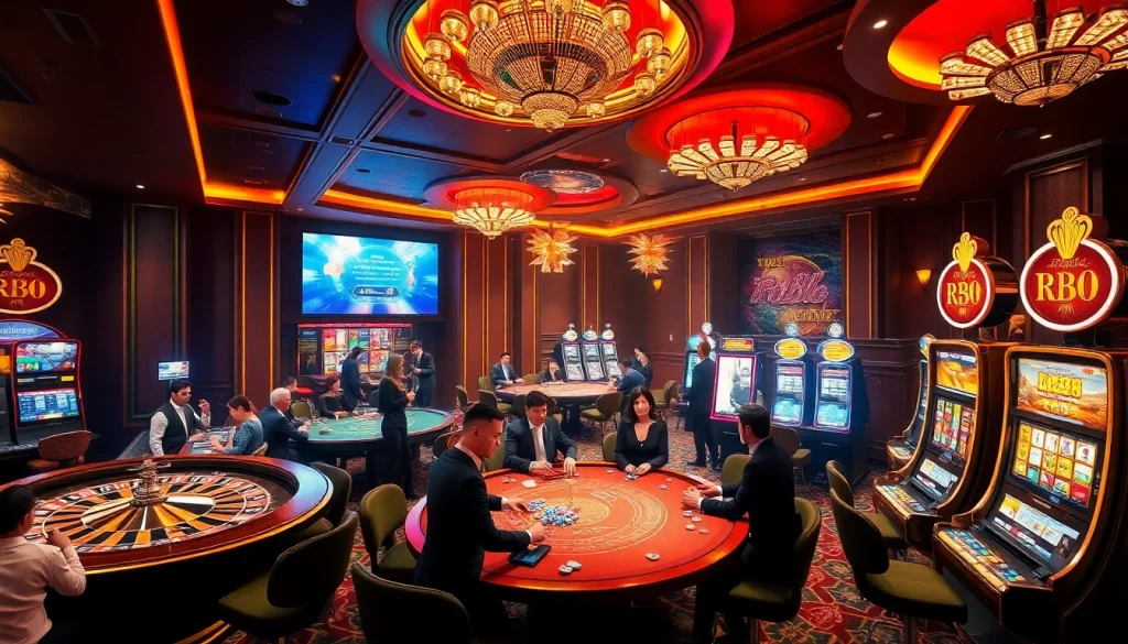 Excited gamblers enjoying various games at rr88 casino showcasing roulette and slot machines.