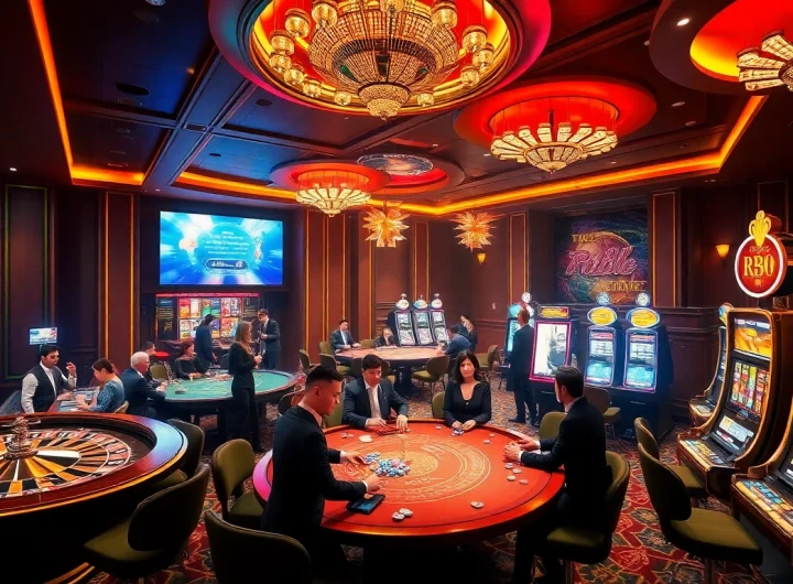 Excited gamblers enjoying various games at rr88 casino showcasing roulette and slot machines.