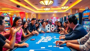 Hello88 casino scene featuring diverse players engaging in thrilling games, showcasing excitement and luxury.