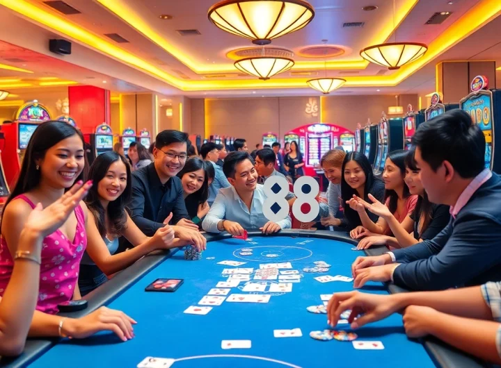 Hello88 casino scene featuring diverse players engaging in thrilling games, showcasing excitement and luxury.