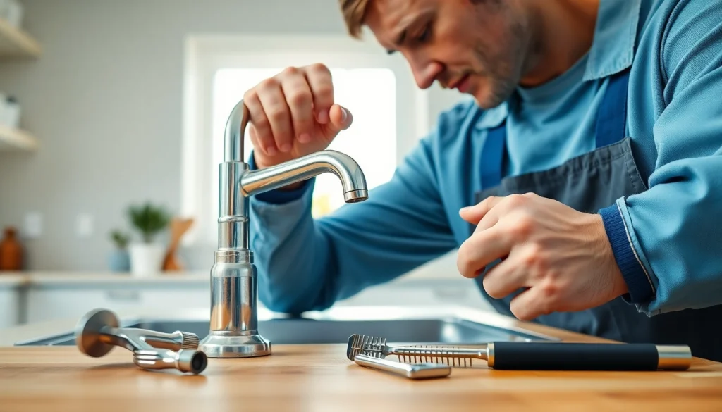 Plumber repairing faucet in a bright kitchen environment, representing https://speedyservicestoday.com.au services.