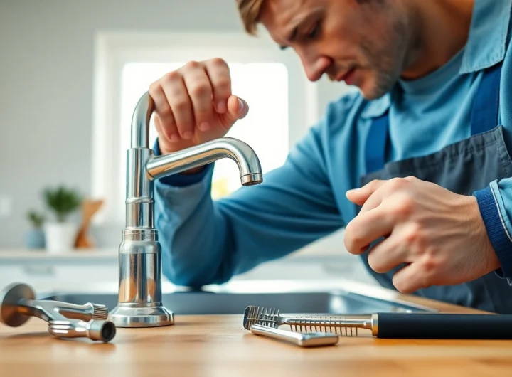 Plumber repairing faucet in a bright kitchen environment, representing https://speedyservicestoday.com.au services.