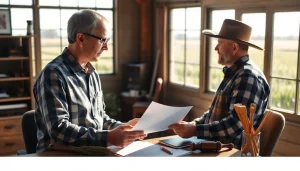 Engaged agriculture lawyer advising a farmer in a serene, sunlit office.