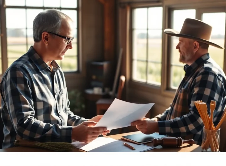 Engaged agriculture lawyer advising a farmer in a serene, sunlit office.