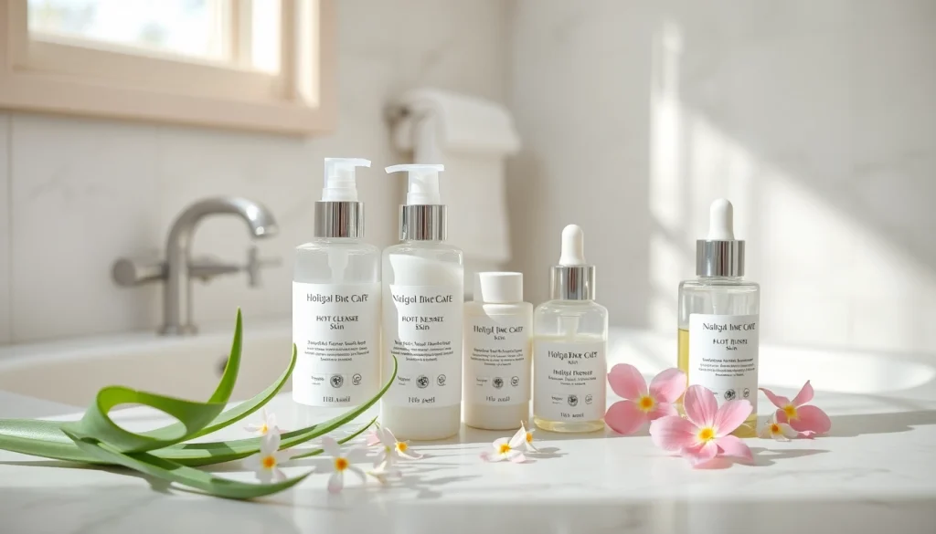 Hudvårdsprodukter för känslig hud, med skonsamma rengöringsprodukter och återfuktare, arrangerade i en lugn badrumsmiljö.
