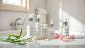 Hudvårdsprodukter för känslig hud, med skonsamma rengöringsprodukter och återfuktare, arrangerade i en lugn badrumsmiljö.