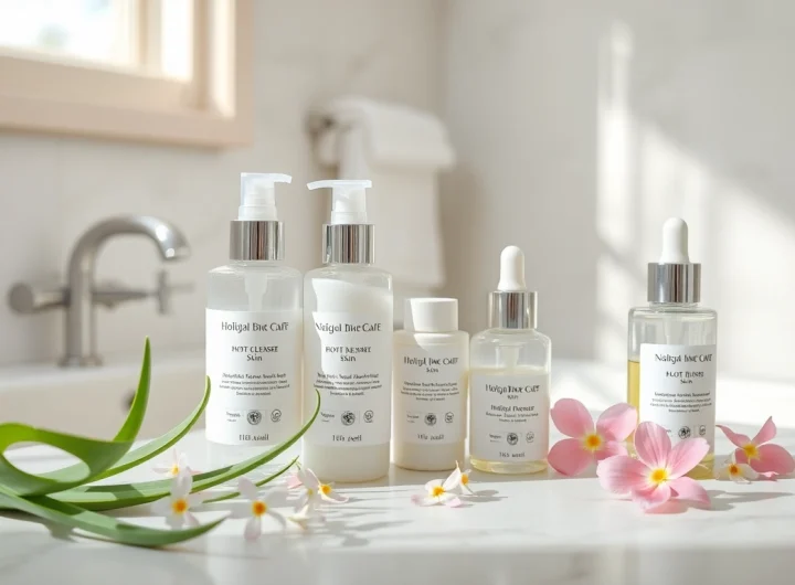 Hudvårdsprodukter för känslig hud, med skonsamma rengöringsprodukter och återfuktare, arrangerade i en lugn badrumsmiljö.