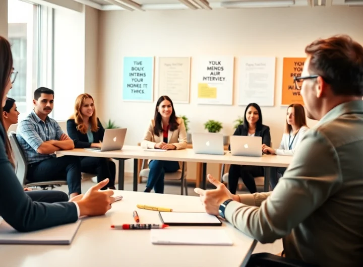 Practicing Mock Interviews in a professional setting with diverse candidates and an experienced interviewer.