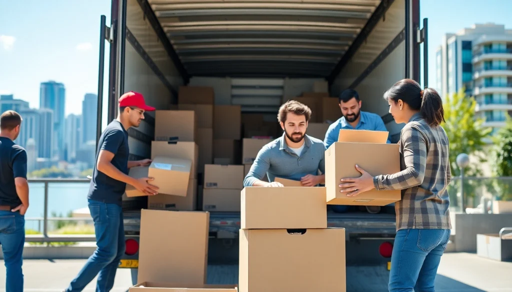 Efficient movers Vancouver team loading boxes in a busy downtown setting, showcasing professionalism.
