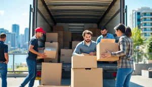 Efficient movers Vancouver team loading boxes in a busy downtown setting, showcasing professionalism.