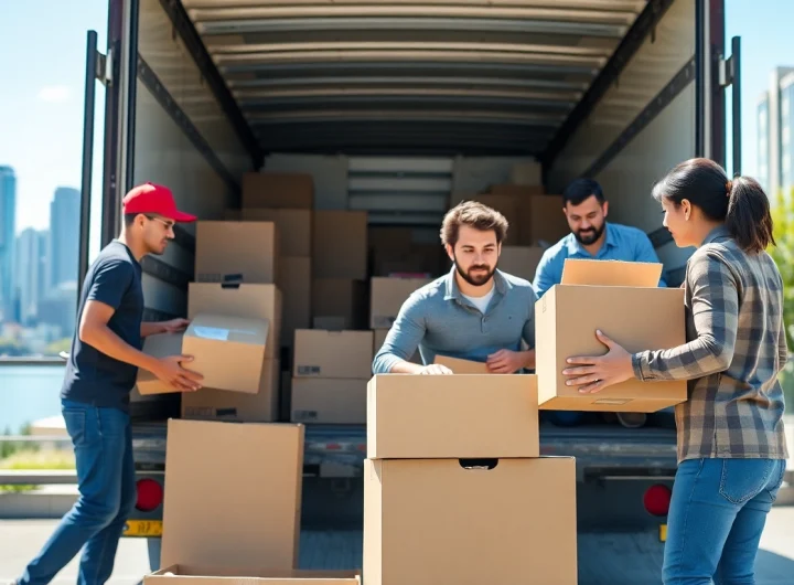 Efficient movers Vancouver team loading boxes in a busy downtown setting, showcasing professionalism.