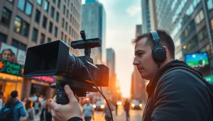 Videographer capturing urban scenes in New York City, showcasing creativity and professionalism.